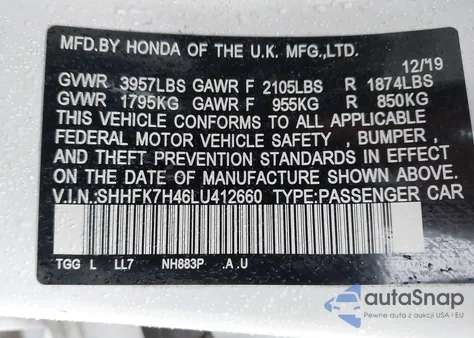 2020 Honda Civic Sport from USA, damaged, VIN SHHFK7H46LU412660